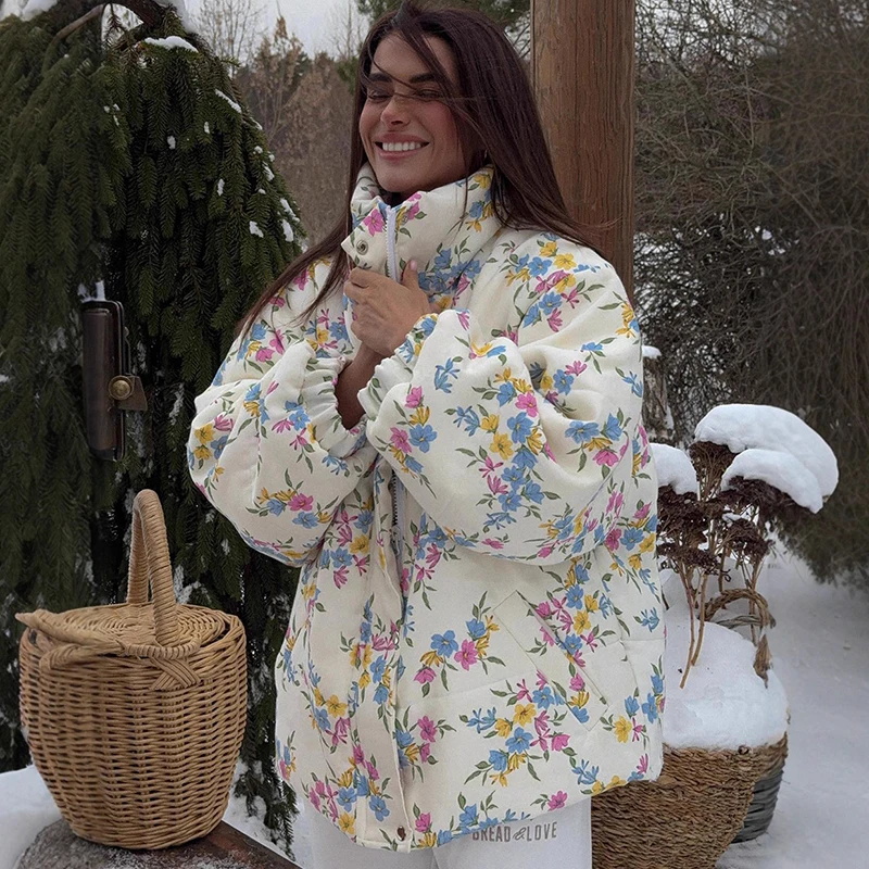2025 Winter Oversize Printed Cotton Jacket Coat Female Fashion Stand Collar Warm Parkas Long Sleeve Casual Women's Coat