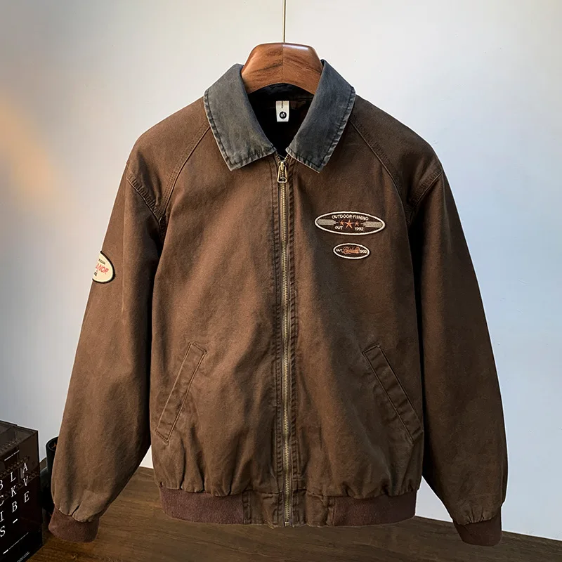 American Retro Lapels Workwear Jacket Men's Autumn Fashion Brown High-End Jacket American Pilot Jacket