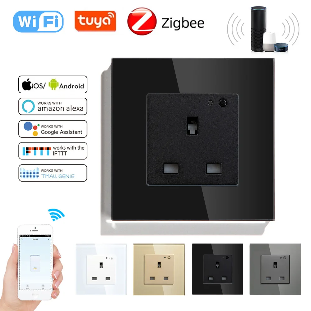 

ZigBee/Tuya WIFI Smart Socket UK 1 2 3 4 Outlet 86 Tempered Glass AC110~260V 13A 2000W Remote APP Alexa Control Switch Sockets