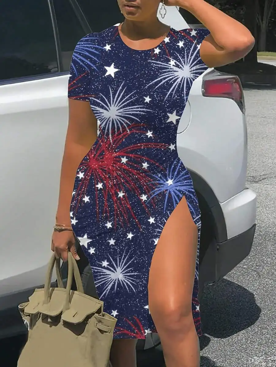 

Womens High Slit Slim Fit Short Sleeve Dress With Fireworks Print