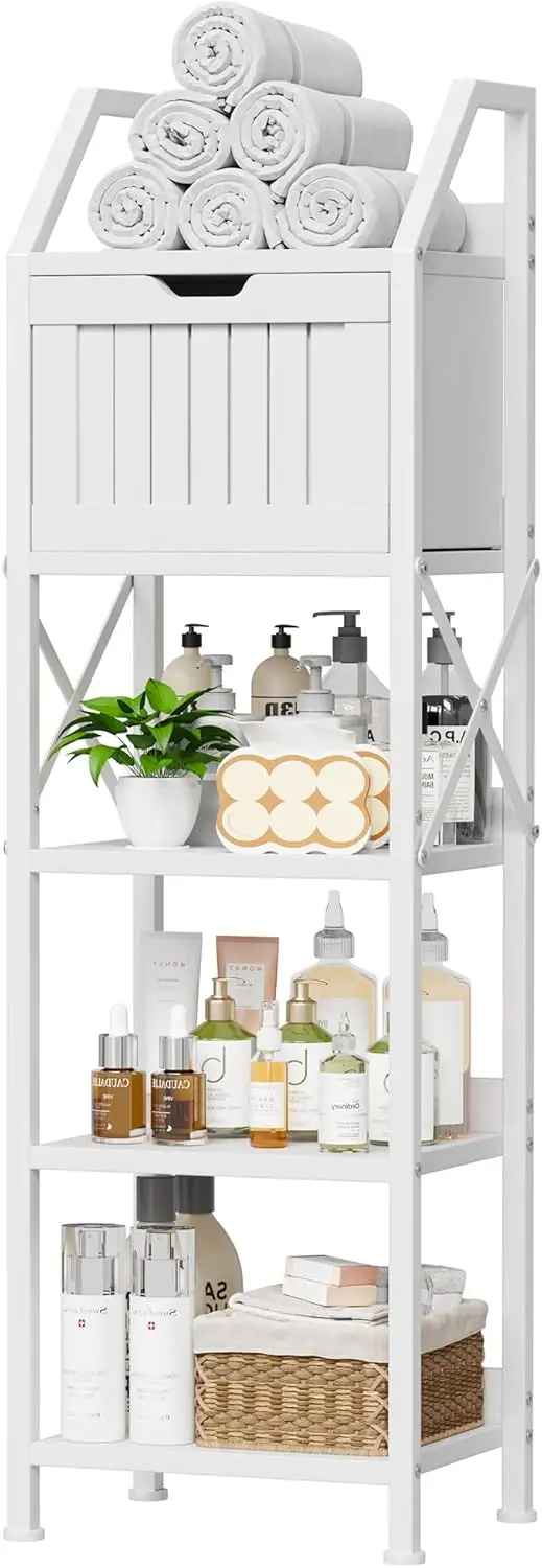 

5-Tier Bathroom Storage Organizer with Drawer, White Corner Cabinet, 47.24 Inches High