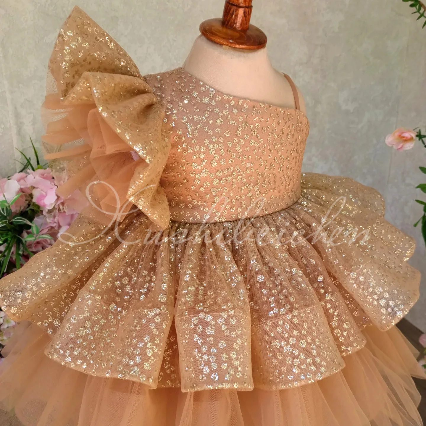 Flower Girls Dress Wedding Birthday Champagne Gold Sequin Dress - One-Shoulder Bow Tiered Tulle Tutu Christmas Performance Gown