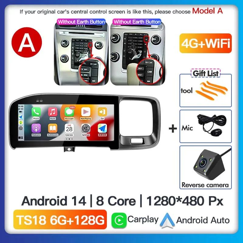 Android 14 Carplay Auto Radio GPS Multimedia Speler Voor Volvo S60 V60 2011-2019 Stereo Head Unit Originele auto stijl scherm