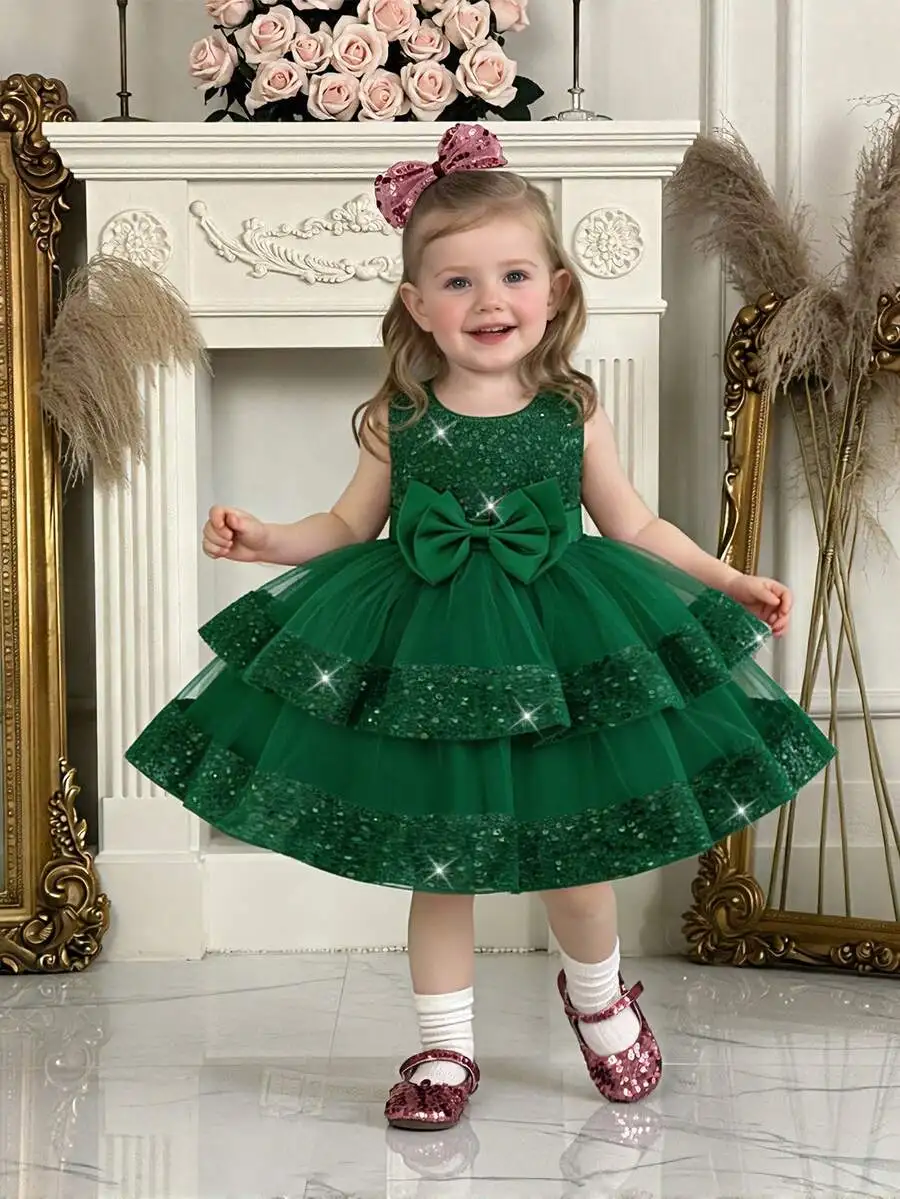 

Women Solid Color Sequin Mesh Bow Tulle A-Line Sleeveless Evening Dress