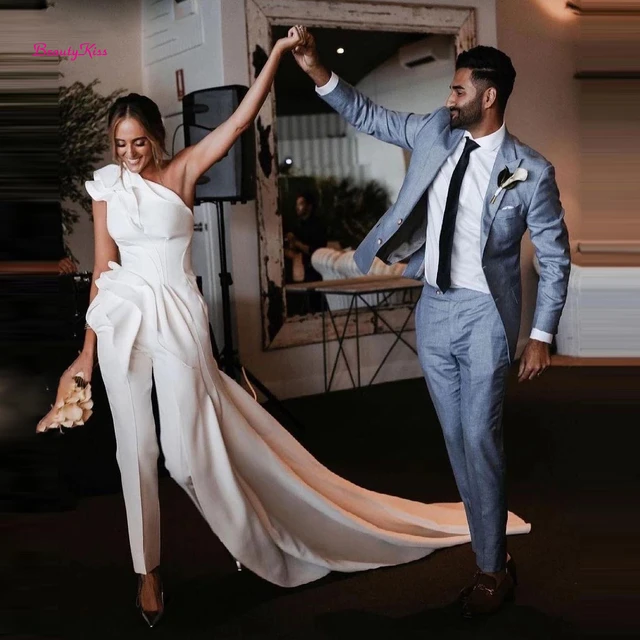 Tailleur pantalone da sposa monospalla per spose con strascico applique tute da sposa lunghe increspate abito formale da sera elegante da donna AliExpress