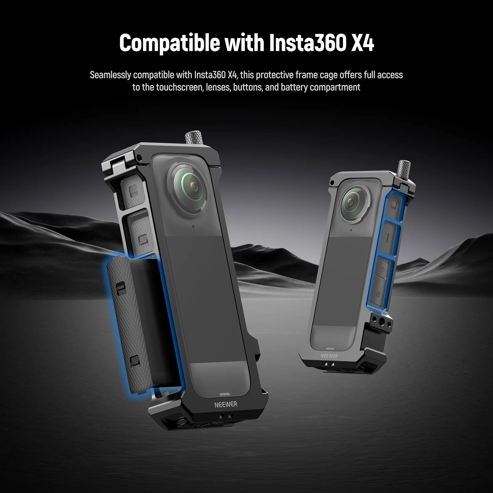 NEEWER X4 Jaula para cámara de acción, funda protectora con dedos plegables Compatible con Insta360 X4, plataforma de grabación de vídeo