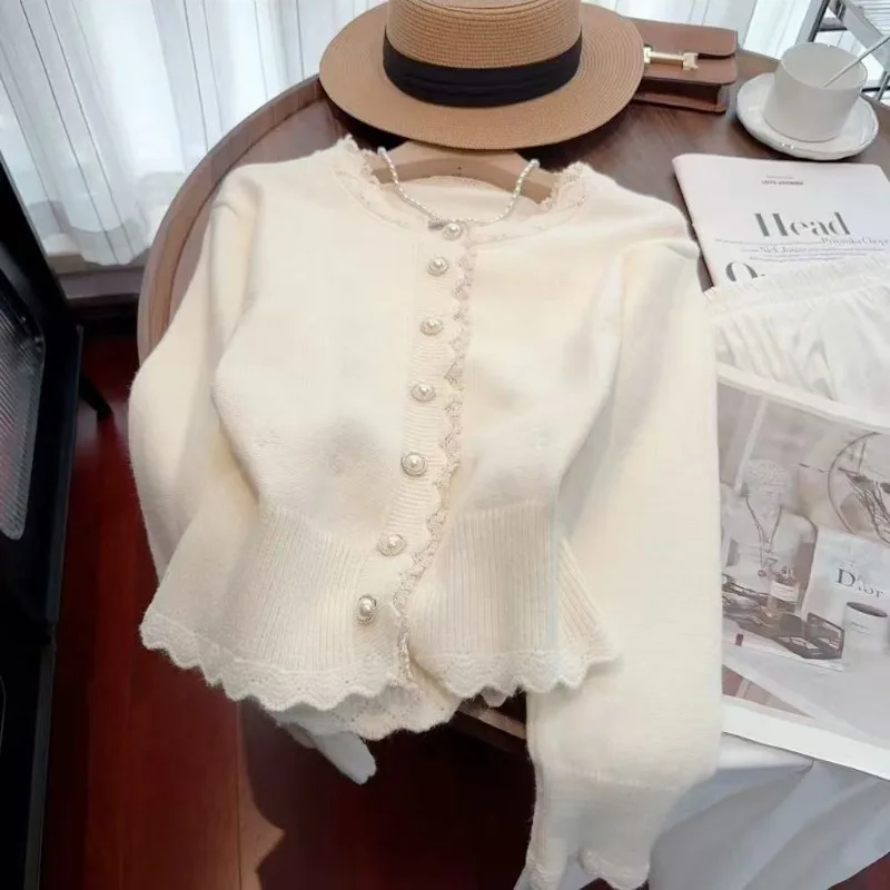 

Autumn and Winter Loose Long-sleeved Knitted Cardigan Sweet Embroidered Lace Sweater Jacket Tops in