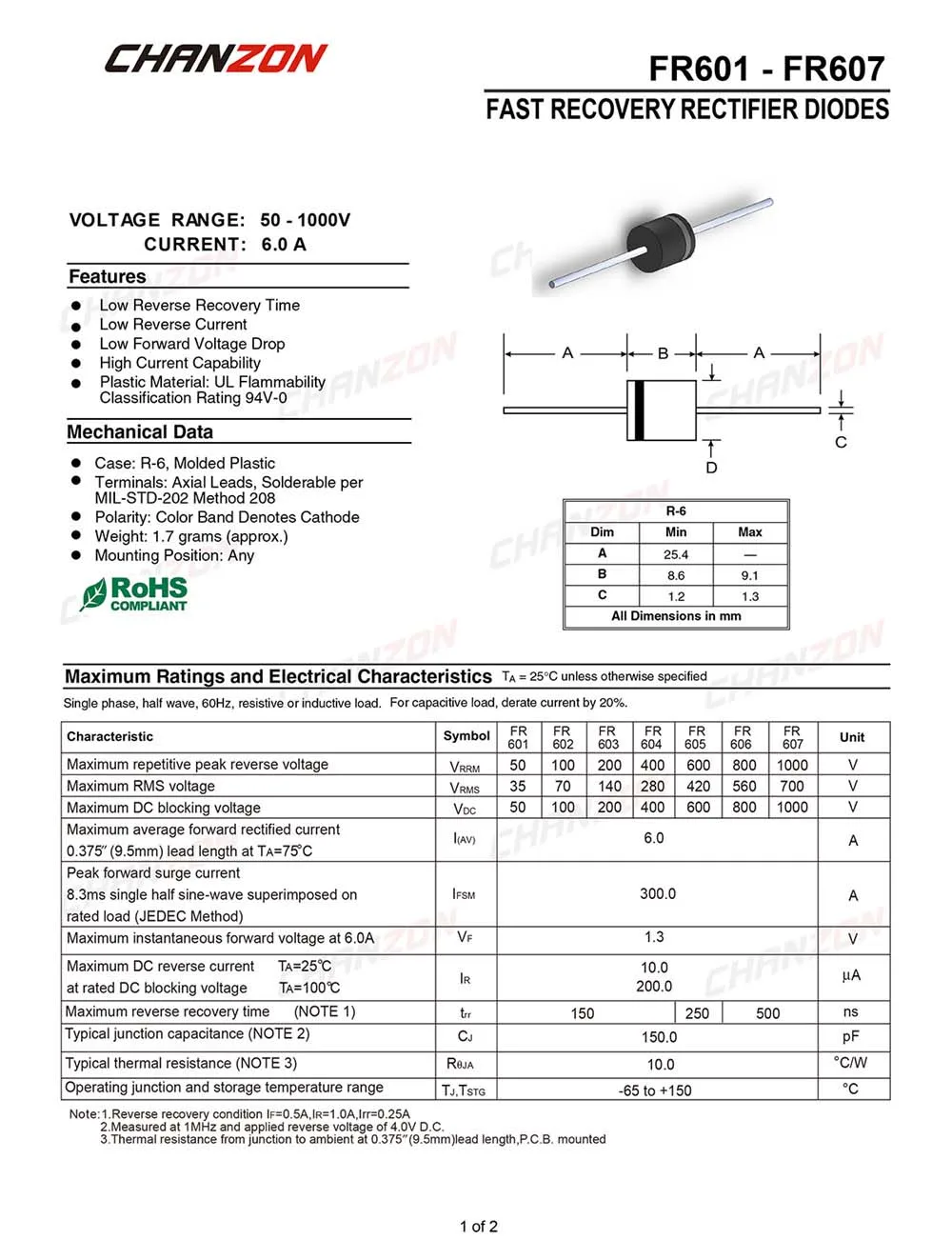 20 Pcs FR607 Fast Recovery Rectifier Diode 6A 1000V 150-500ns R-6 Axial 6 Amp 1000 Volt FR 607 Diodes