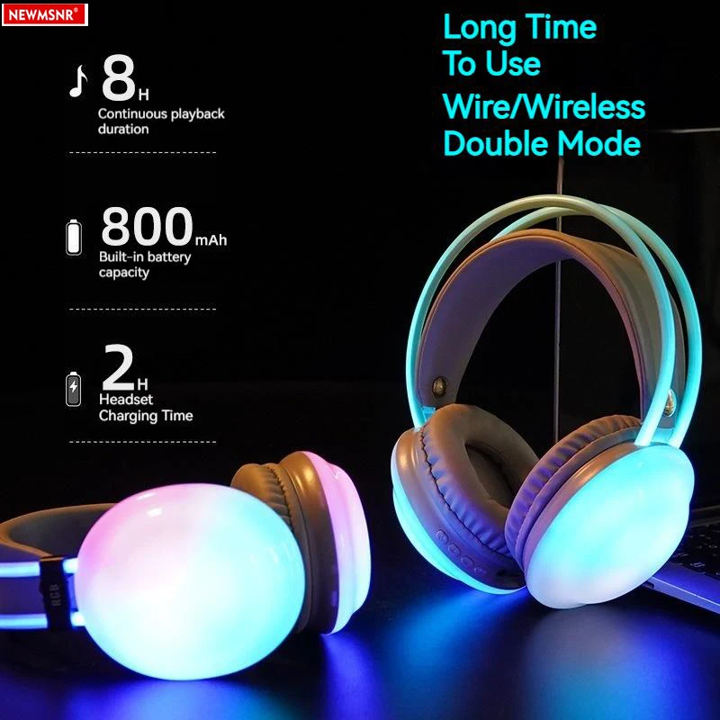 Gaming rgb luz colorida fones de ouvido bluetooth som alta fidelidade sem fio redução ruído gamer esportes com microfone hd