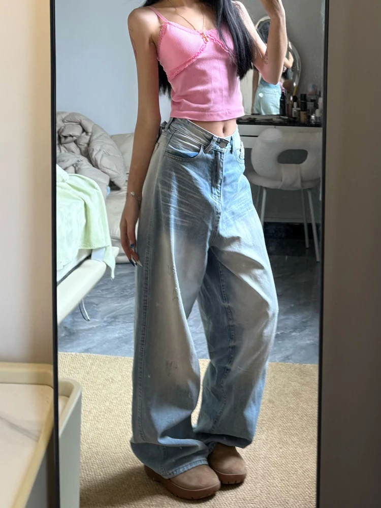 

American High Street Sle Women's Loose Straight Leg Jeans High Waist Wide Leg Pants Casual Waed out Slimming Jeans