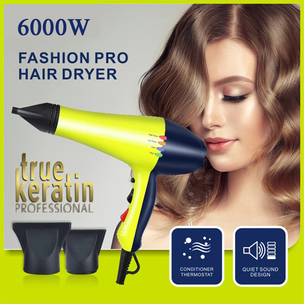 

6000W Professional Hair Dryer Anion Blowdryer for Salon High Speed Strong Wind 4 Gear Low Noise Lightweight Blower with 2 Nozzle