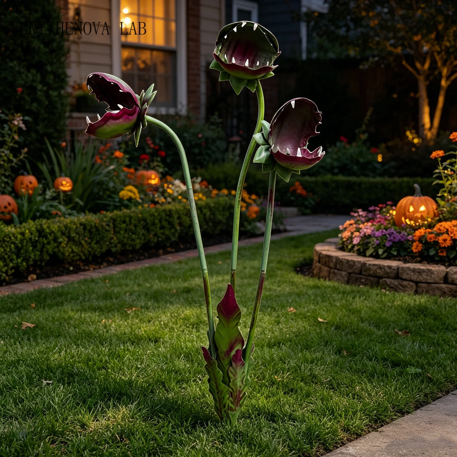Carnivorous Plant Garden Stake Metal 3 Head Venus Flytrap Plant Monster Sculpture Yard Art Decor for Flower Beds Patios