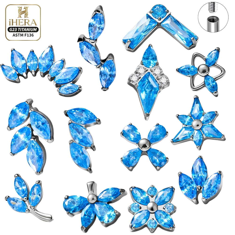 ASTM F136 Titan Blaue CZ Labret Piercing Conch Helix Ohrstecker Set Blumen Blatt Marquise Funkelnder Cluster Flache Rückseite Ohrring-Set Basic