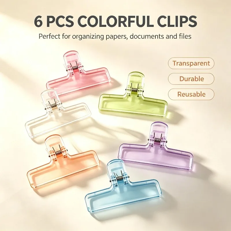6-piece set of acrylic transparent color clips, suitable for binding paper and organizing office documents, with a simple design