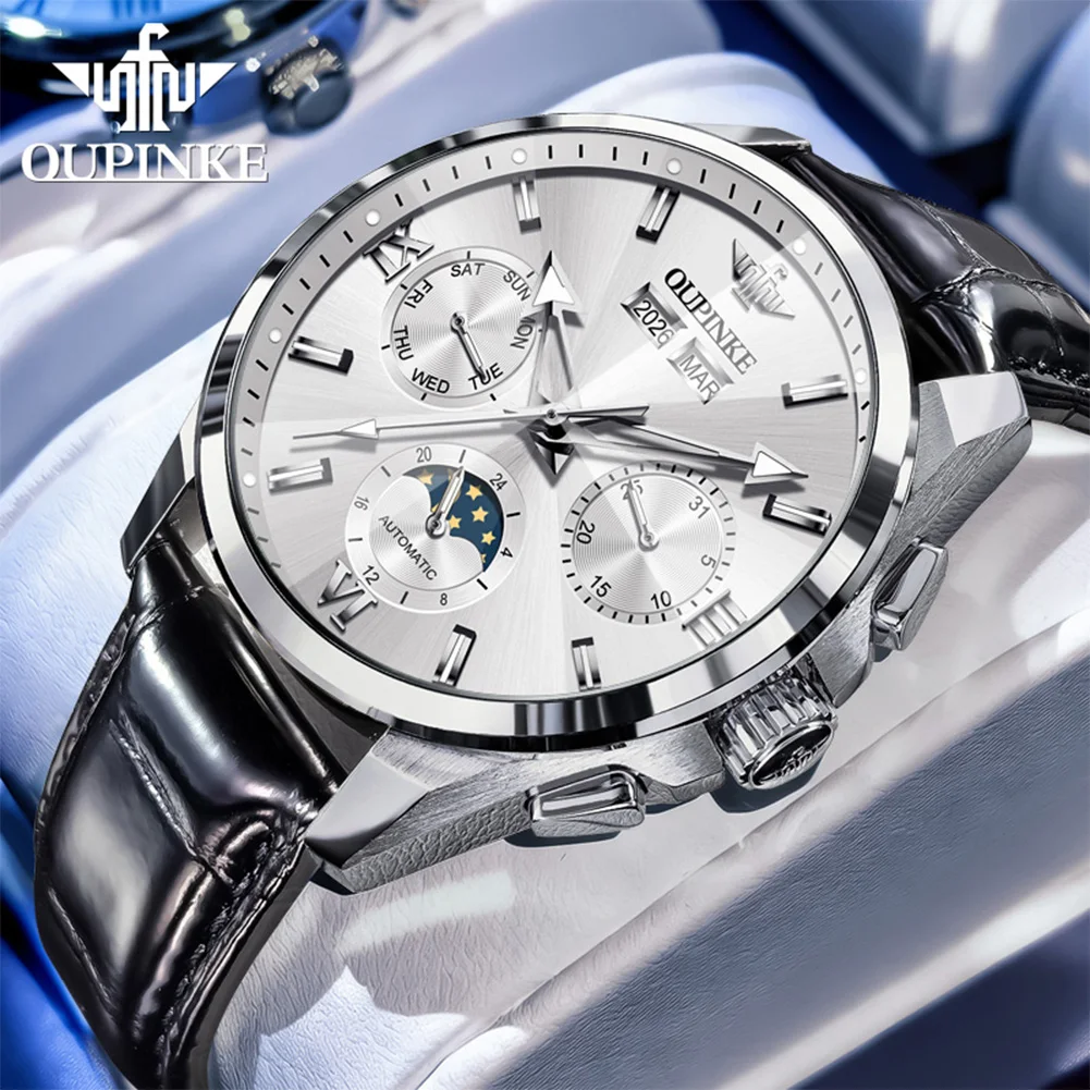 OUPINKE 3325 Mechanical Men Watch Automatic Movement Wristwatch Multi functional Moon phase Waterproof Man Hand Clock