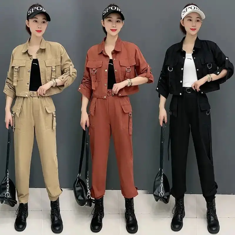 Spring Autumn New Strap Up Straight Leg Pants+short Age Reducing Jacket Fashion Temperament Workwear Two-piece Set for Women