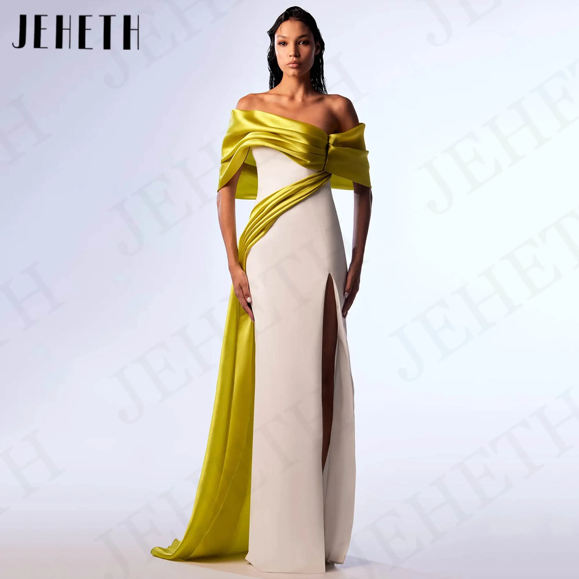 

JEHETH 2024 Mermaid Split Evening Dresses Women Simple Satin Pleats Off Shoulder Party Dress Sweep Train فساتين للمناسبات الخاصة