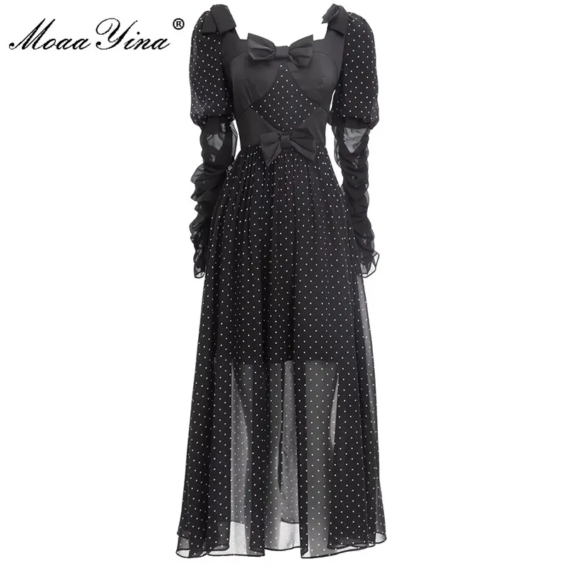 

MoaaYina Fashion Runway dress Autumn Women's Dress Square Collar Polka dot Long sleeve Printed Vintage Balck Party Dresses