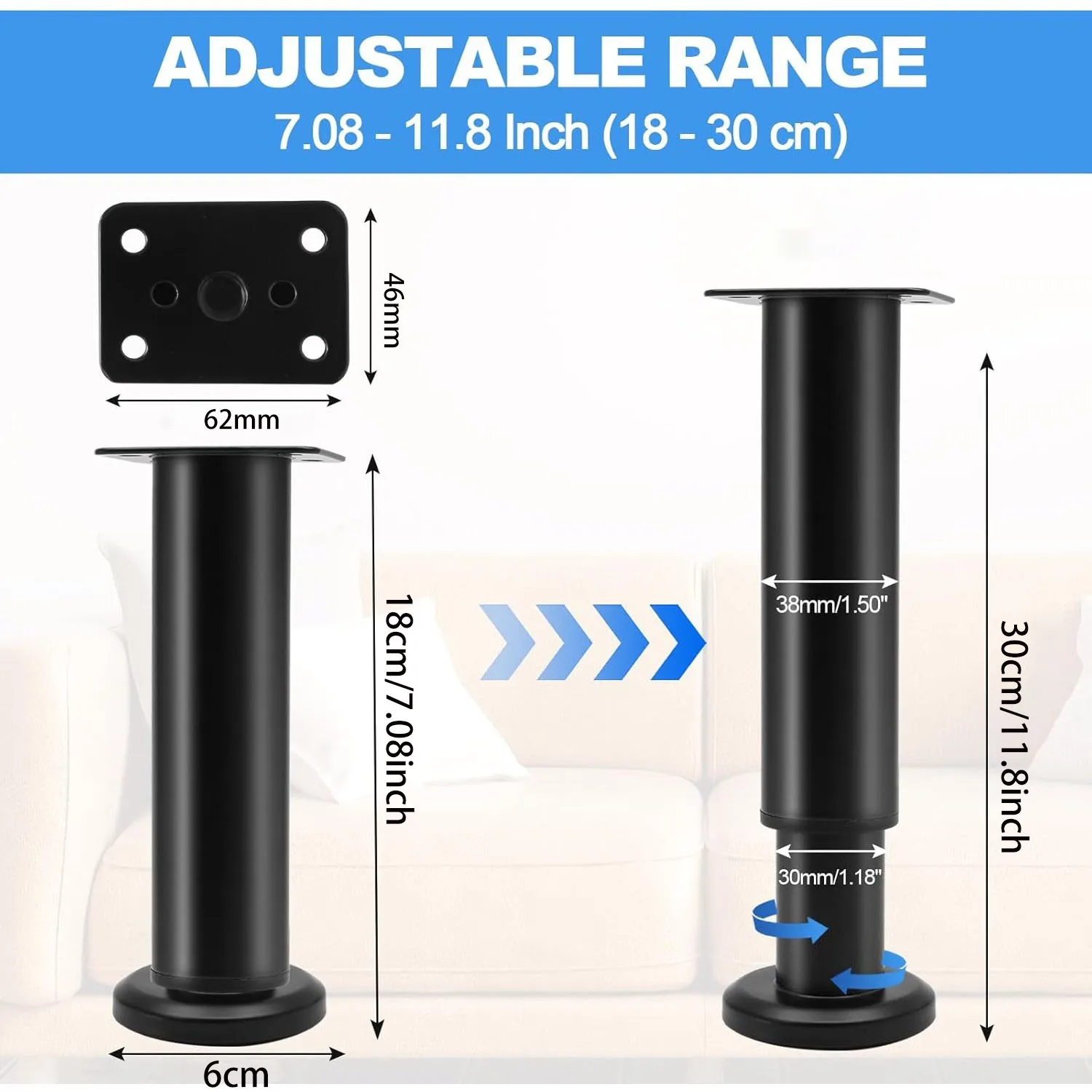 4PCS Adjustable Furniture Couch Cabinet Legs , Heavy Duty Adjustable Height Replacement Legs for Dresser/Sofa/Bed/Chair image 6