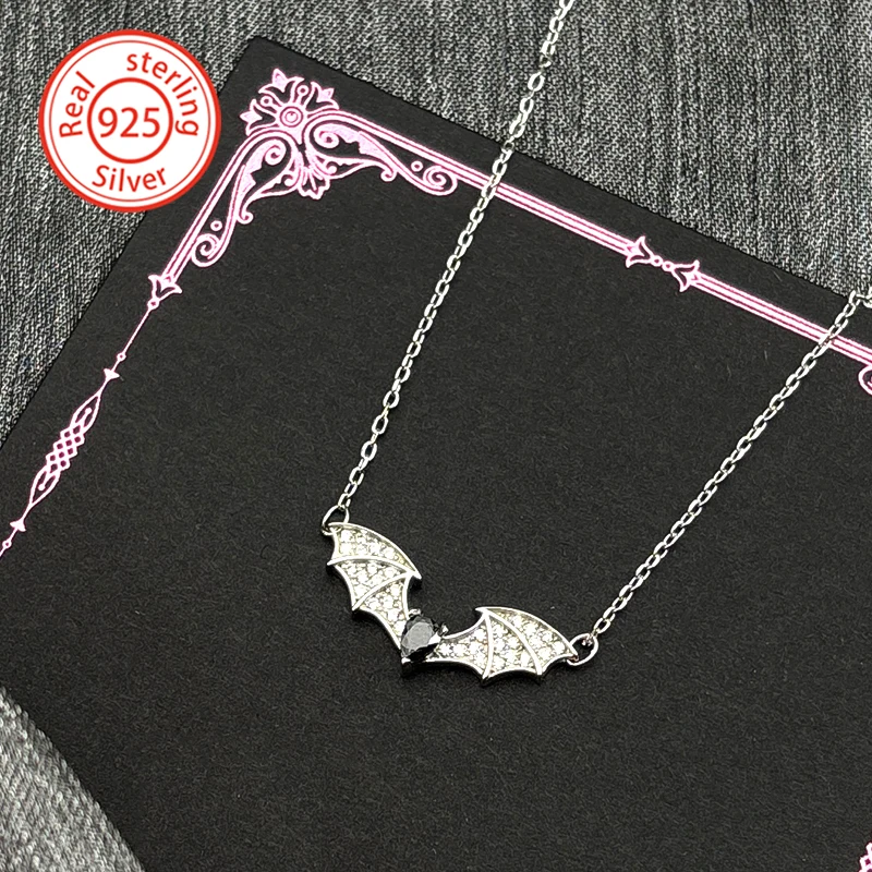 

925 Sterling Silver Gothic Bat Wing Black Zircon Pendant Necklace for Women Girl Mystical Animal Choker Chain Jewelry Gift