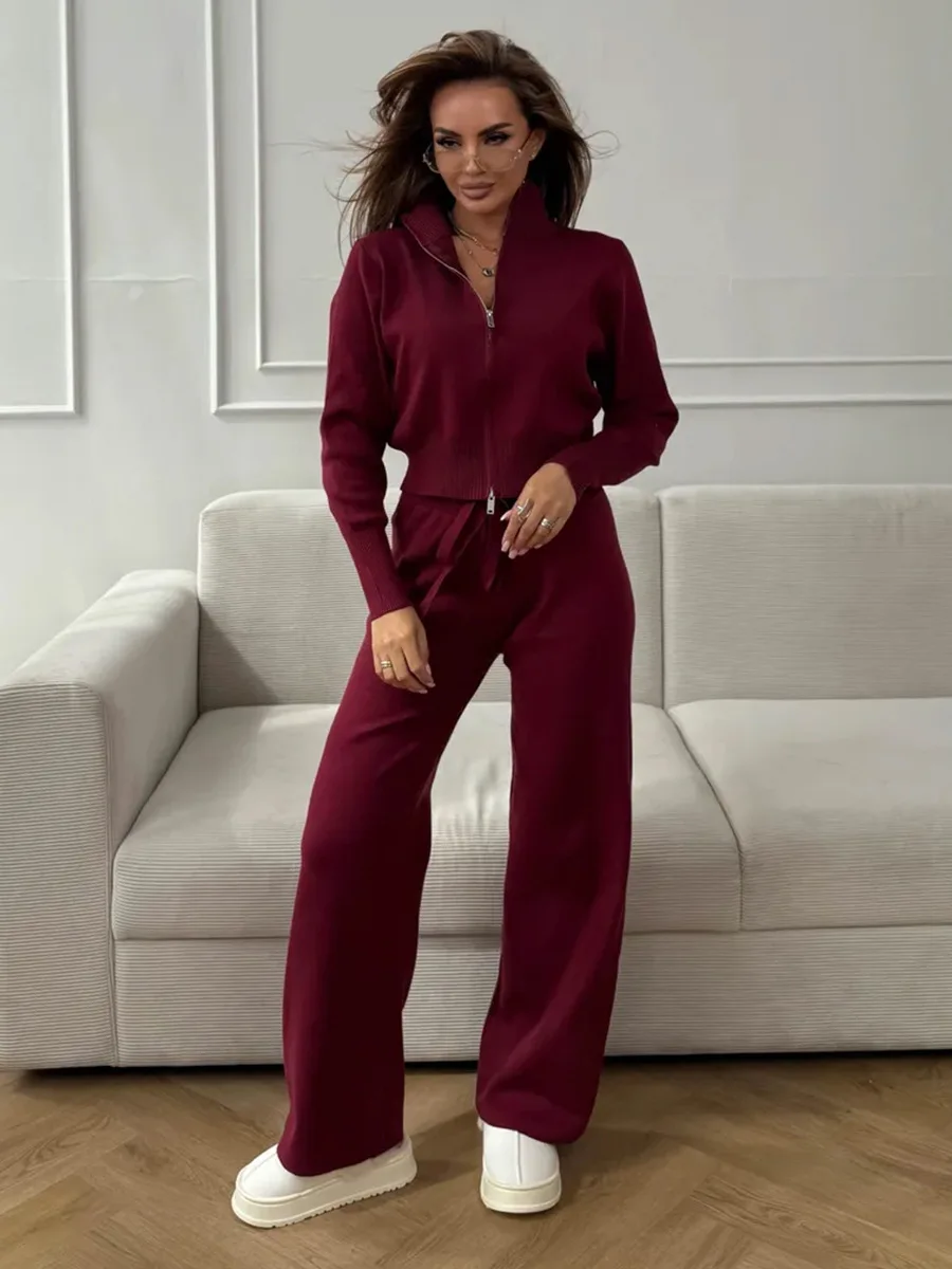 Wolfeel Set Celana Rajut Ritsleting Musim Gugur Musim Dingin Baru Celana Kardigan Slim Fit Trendi Wanita Pakaian Sweater Komuter Chic