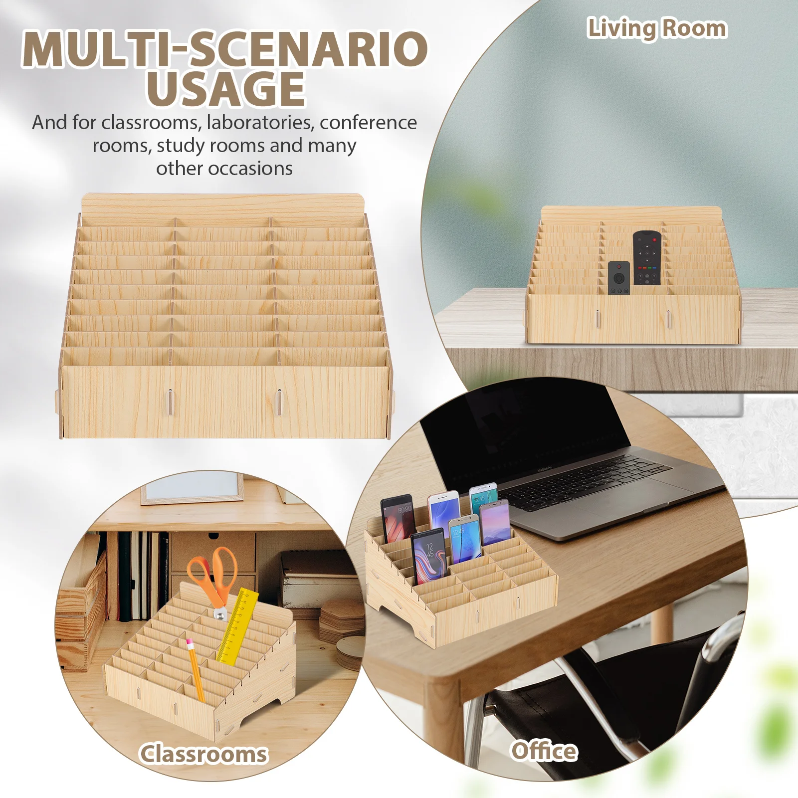 1pc Multi-Grid Classroom Phone Holder Box 30 Grids Wooden Mobile Phone Display Rack For Classroom Meeting Room Organizer