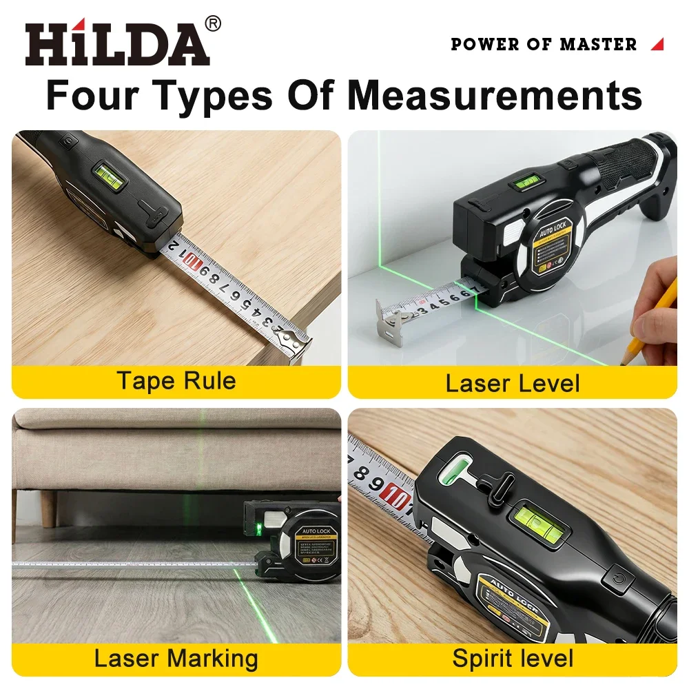 HILDA Professional Laser Tape Measure with Green Laser Level Auto Retractable Measuring Tool for Renovation Engineering Woodwork