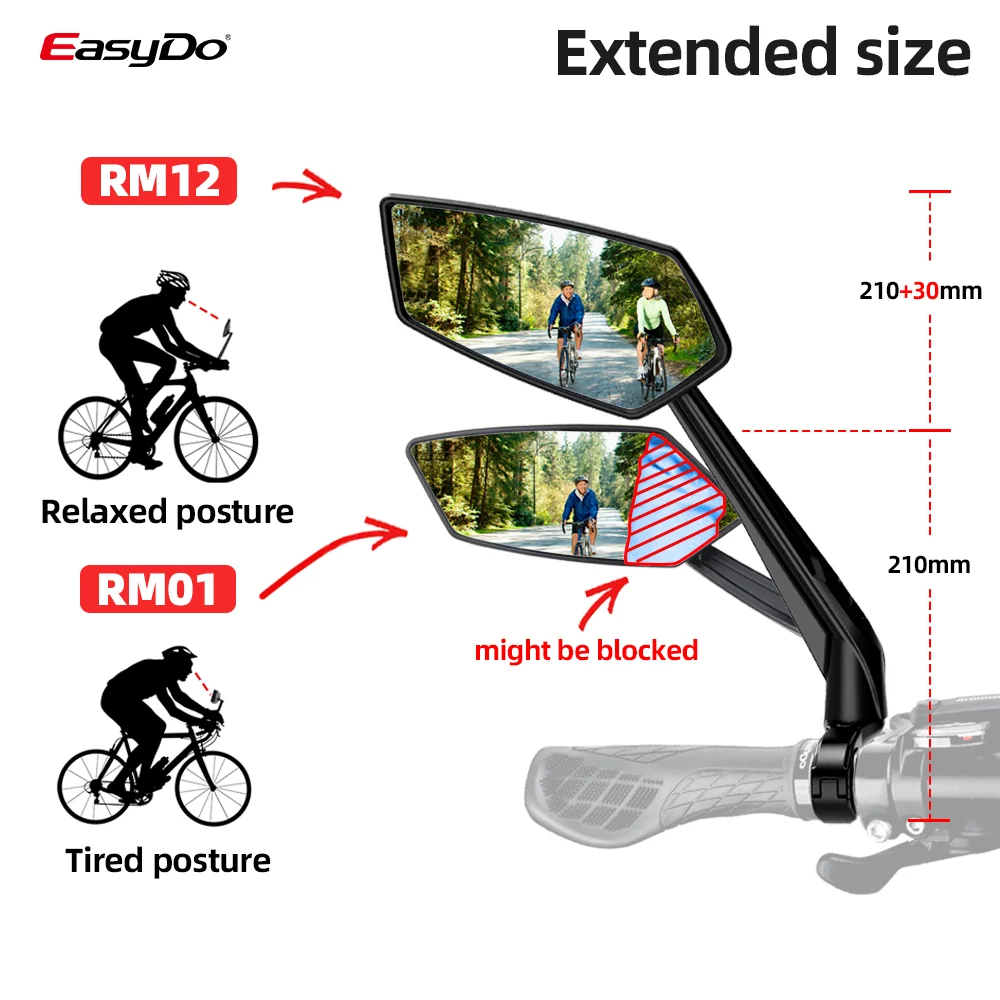 EasyDo Bicycle Handlebar Rearview Mirror Universal Adjustable Left Scooter E Bike Mirror Wide Cycling Range Back Sight Reflector