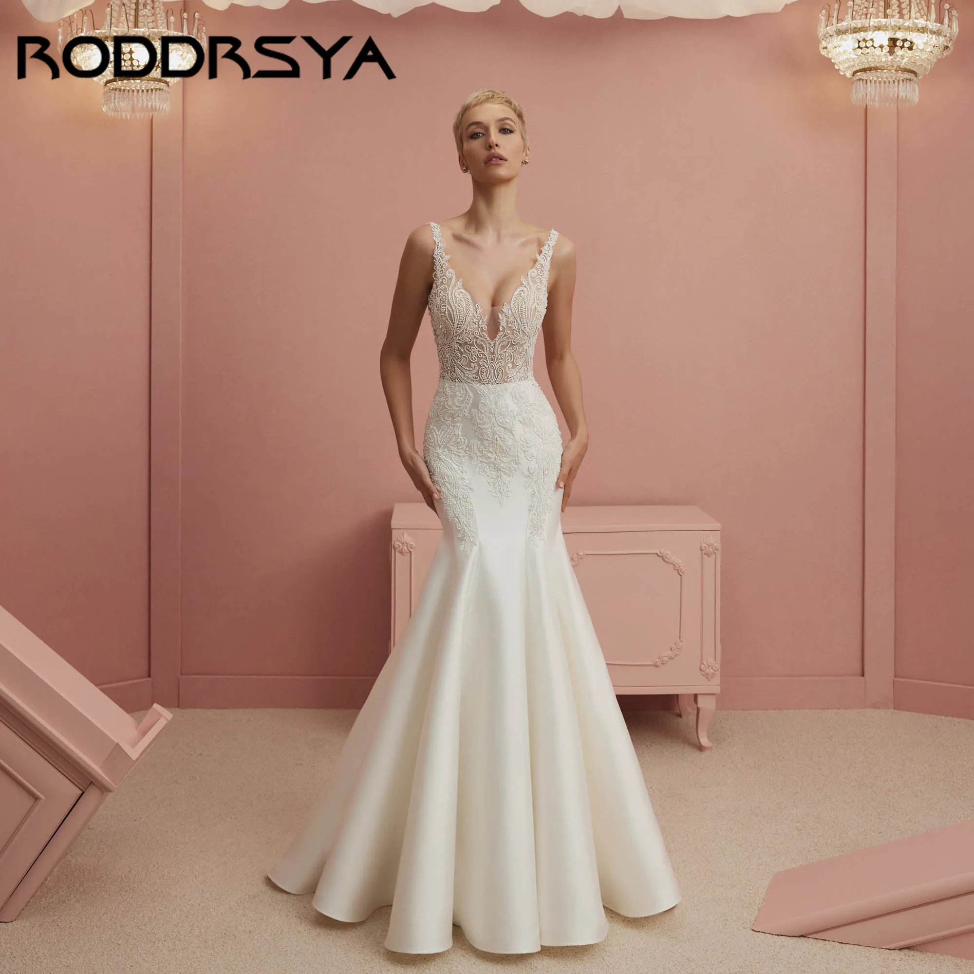 

RODDRSYA Satin Mermaid Wedding Dress Deep V-neck Sleeveless Sexy Bridal Gowns V-back Appliques vestidos de novia 2025 Customized