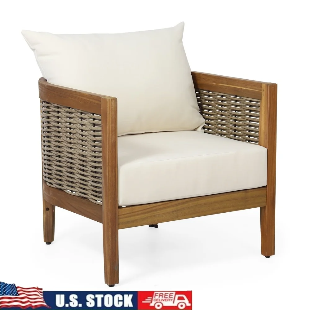 

Acacia Wood Wicker Outdoor Club Chair with Cushions Water Resistant Fabric Teak Finish Comfortable Seating Patio Backyard