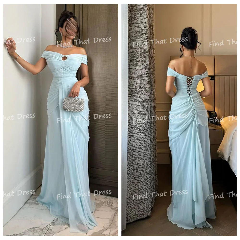 

Custom Made Off Shoulder Chiffon Tiered Pleated Sexy Straight Evening Gown Backless Floor Length Saudi Arab Dress with Train