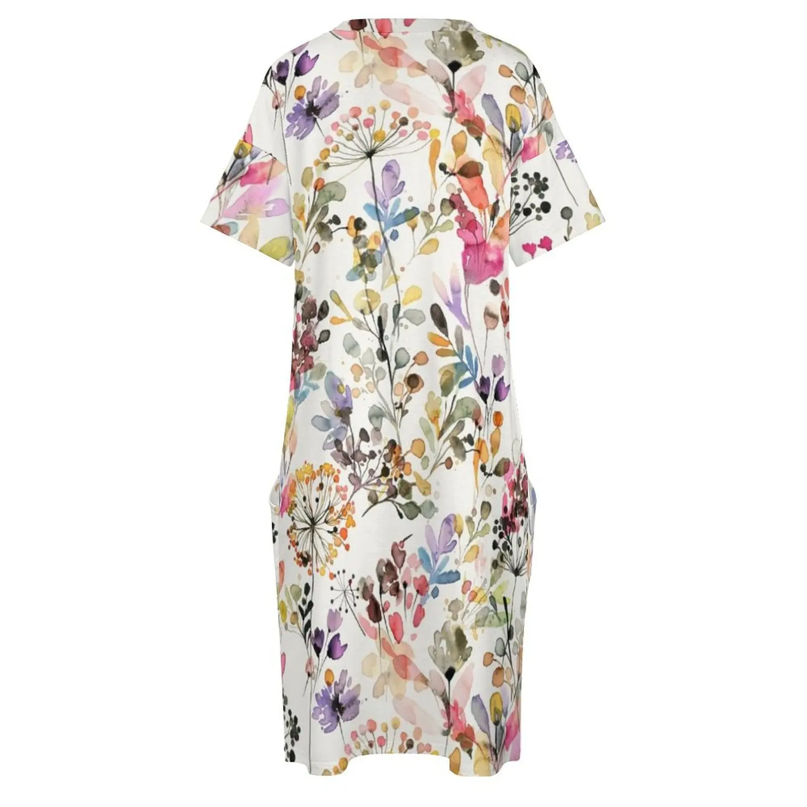 ดอกไม้และพืชป่าสีน้ํา - ธรรมชาติป่าพิมพ์ลายพฤกษศาสตร์หลวมกระเป๋าชุดเดรสฤดูร้อนสําหรับผู้หญิง 2025 ชุดพรหม