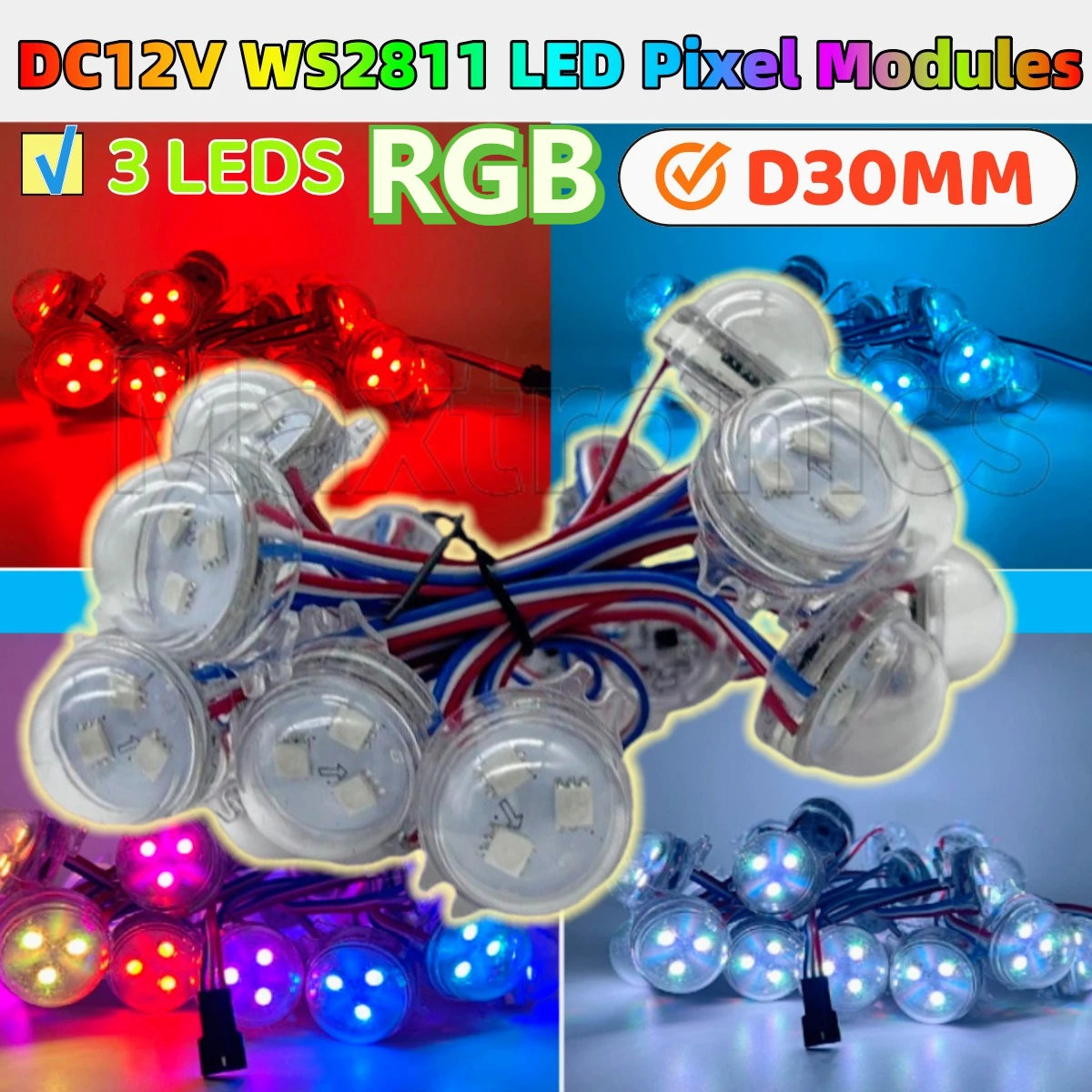 WS2811 Guscio trasparente D30mm Moduli pixel LED diffusi DC12V 3 LED 5050 RGB LED String Light IP68 0,72 W/PCS Colore pieno 200 pezzi