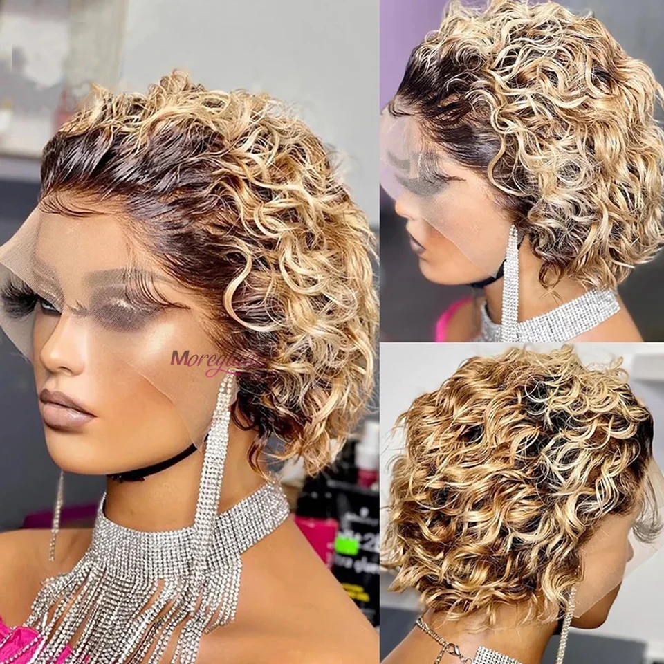 

Short Pixie Cut Lace Wig Ombre Blonde Curly Human Hair Wigs 13X1 Water Wave Remy Hair Lace Bob Wig For Black Women Brazilian Wig