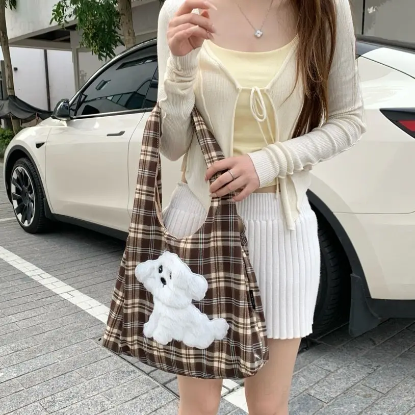2025 Autumn and Winter Fashion Plush Cartoon Bear Plaid Vest Bag Student Large Capacity Canvas Girly Casual Shoulder Bag