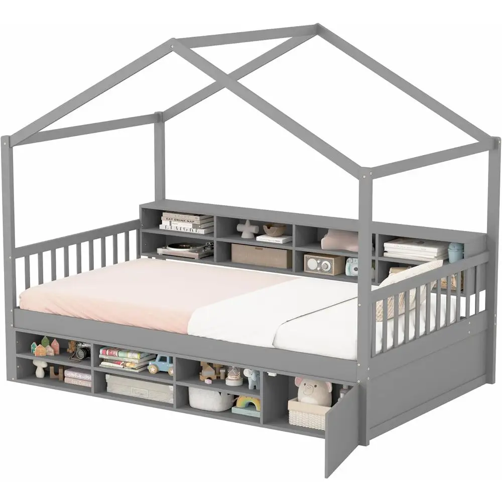 

Серая двуспальная деревянная кровать с местом для хранения вещей, платформой, полками и изголовьем, опорой из деревянных планок, коробчатой пружиной не требуется.