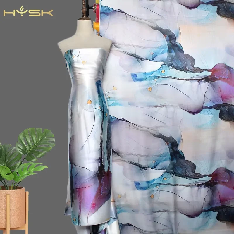 19MM 114cm 100% Silk Charmeuse Satin Fabric smooth gorgeous abstract paint print original silk by meter for gown wedding E2953