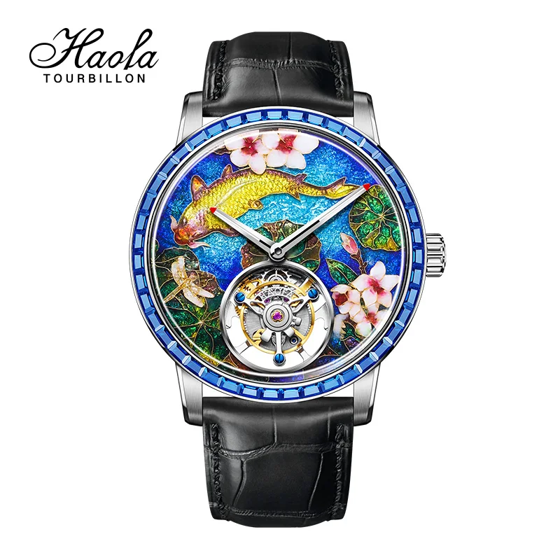 Hoafa Flying Tourbillon Mechanical Mens Watch Intangible Heritage Enamel Oriental Colored Zircon Bezel Designer Luxury Watch2261