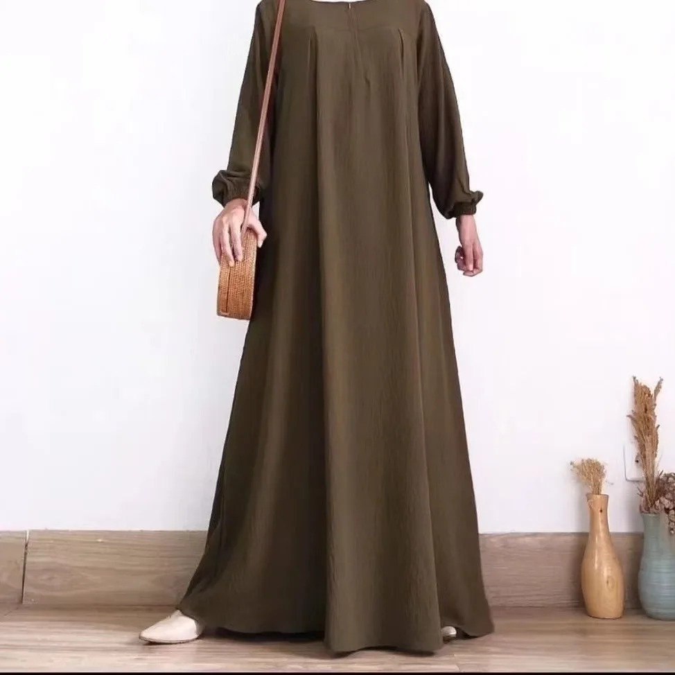 

2024 New Saudi Arabian Muslim Women's Casual Robe. Dubai Abaya Solid Color Zipper Round Neck Dress with Elastic Sleeves. S-XXL