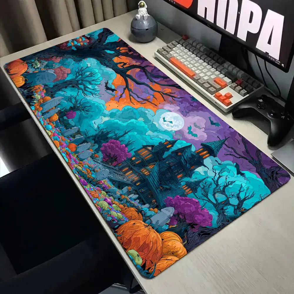 Pumpkin Graveyard Castle Mouse Pad Desk Mat with Stitched Edge XXL Mousepads Rubber Anti-slip Gamer Keyboard Rug Gaming Mats
