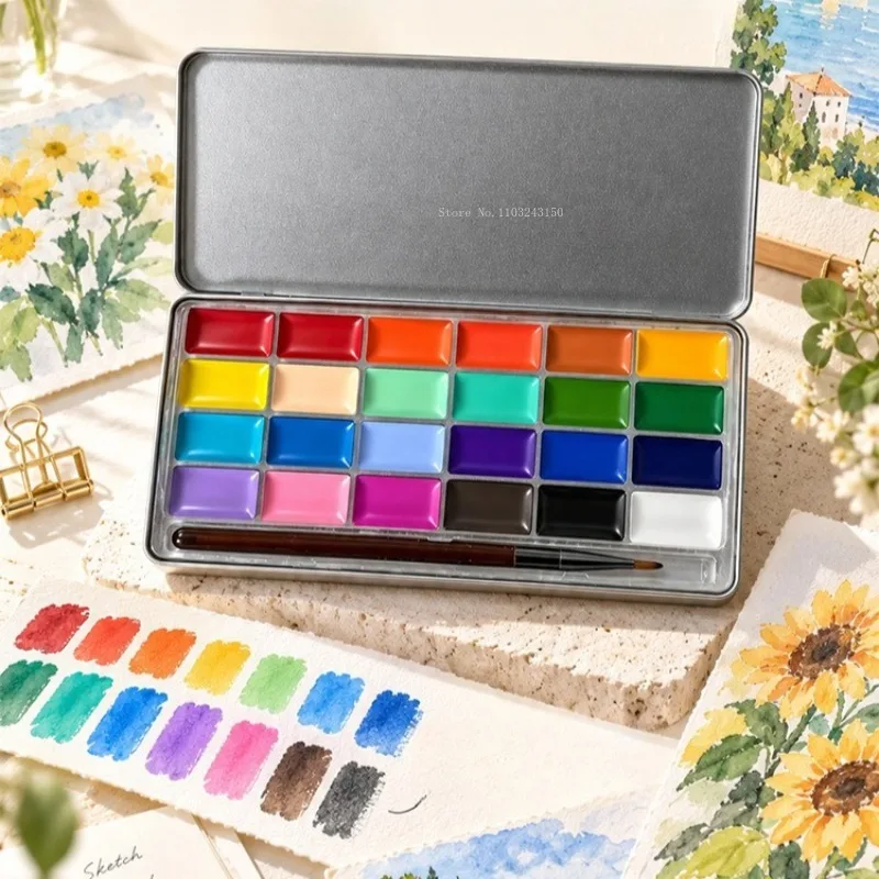 24-Color 2ml Solid Watercolor Pigment Brush Iron Box Set Art Special Opaque Water Color Outdoor Sketch Painting Art Supplies