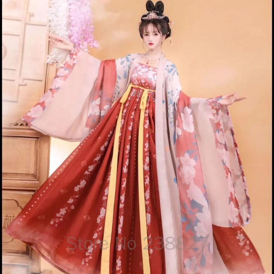 فستان صيني Hanfu المرأة القديمة تأثيري فساتين تانغ سلالة الشعبية أثواب رقص قميص بأكمام كبيرة كيمونو دعوى هالوين