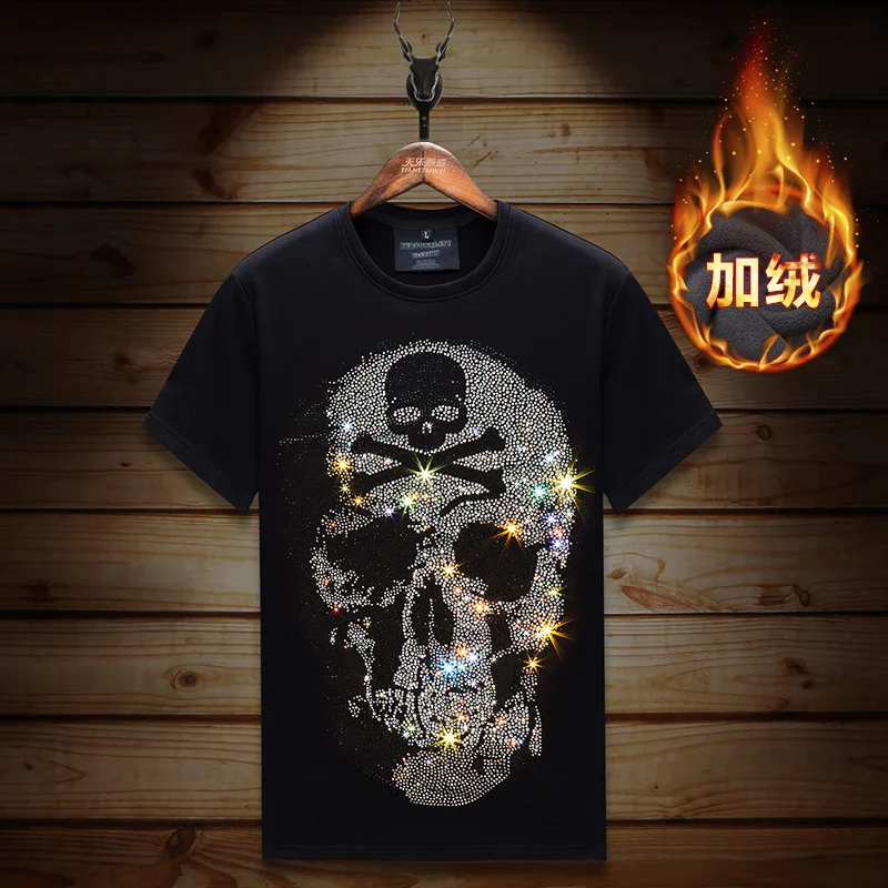 

Plus Size Rhinestones Skulls T Shirts Men Winter Streetwear Short Sleeve O Neck Thick Velvet Warm Tshirts Man Camiseta Hombre