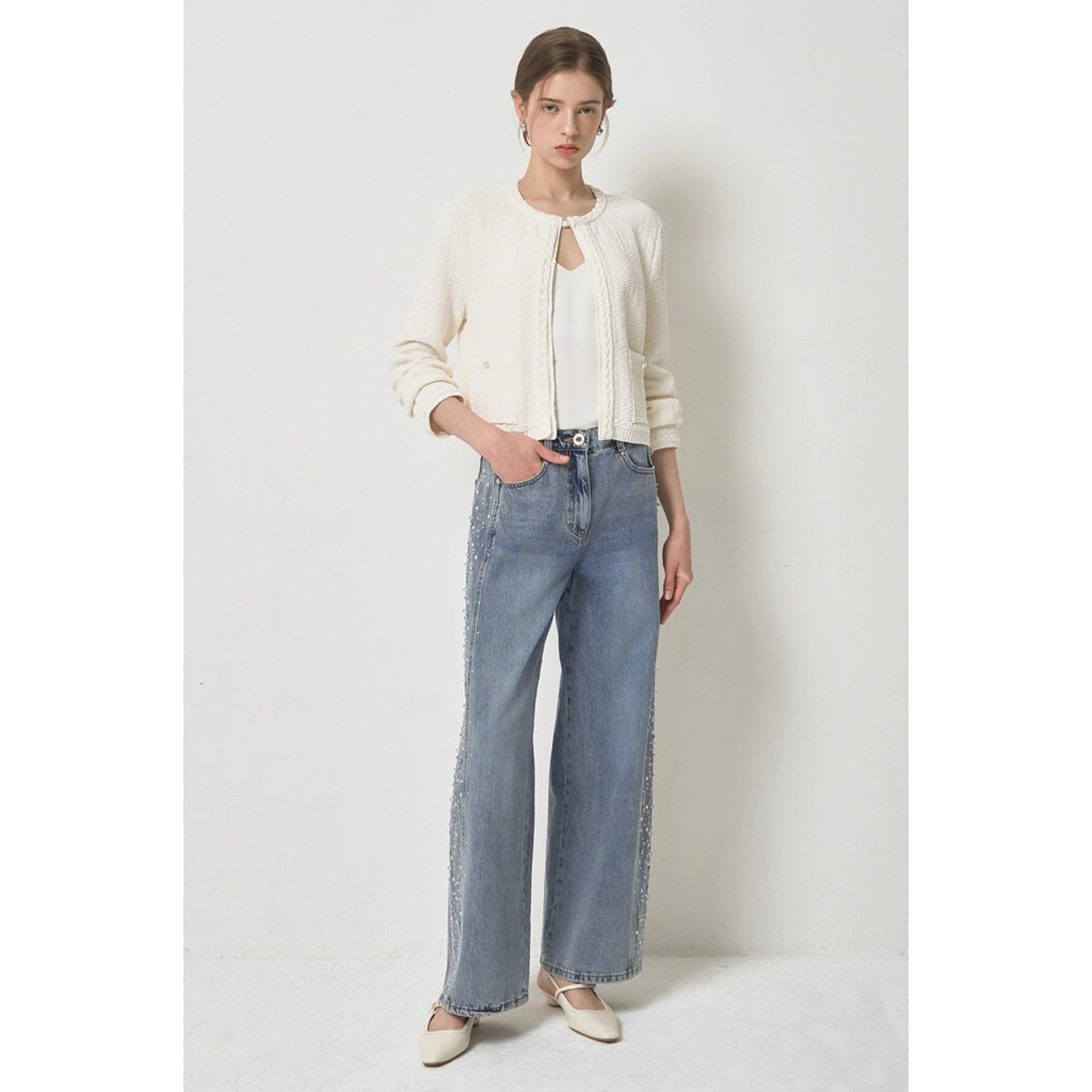 

Leather Cheesemint Spring Heavy Duty Rivet Bead Elastic Waist Versatile Casual Straight Leg Wide Leg Jeans High Waist Cotton ...