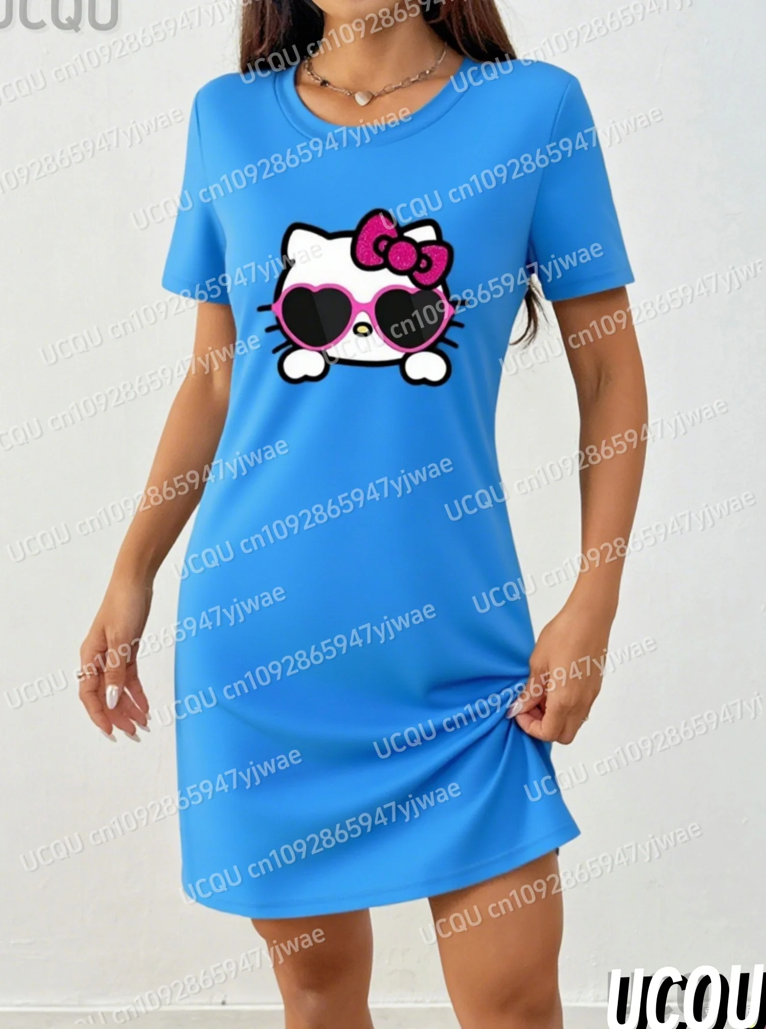 Letnia sukienka damska T-shirt 2025, luźna, codzienna, z nadrukiem HELLO KITTY, dekolt okrągły, damska sukienka z krótkim rękawem, odzież damska