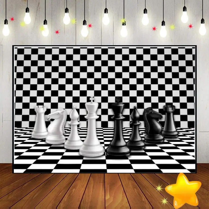 Chess Birthday Backdrop Black White Checkered Simple Background Theme Activity Scene Background Cake Tablecloth