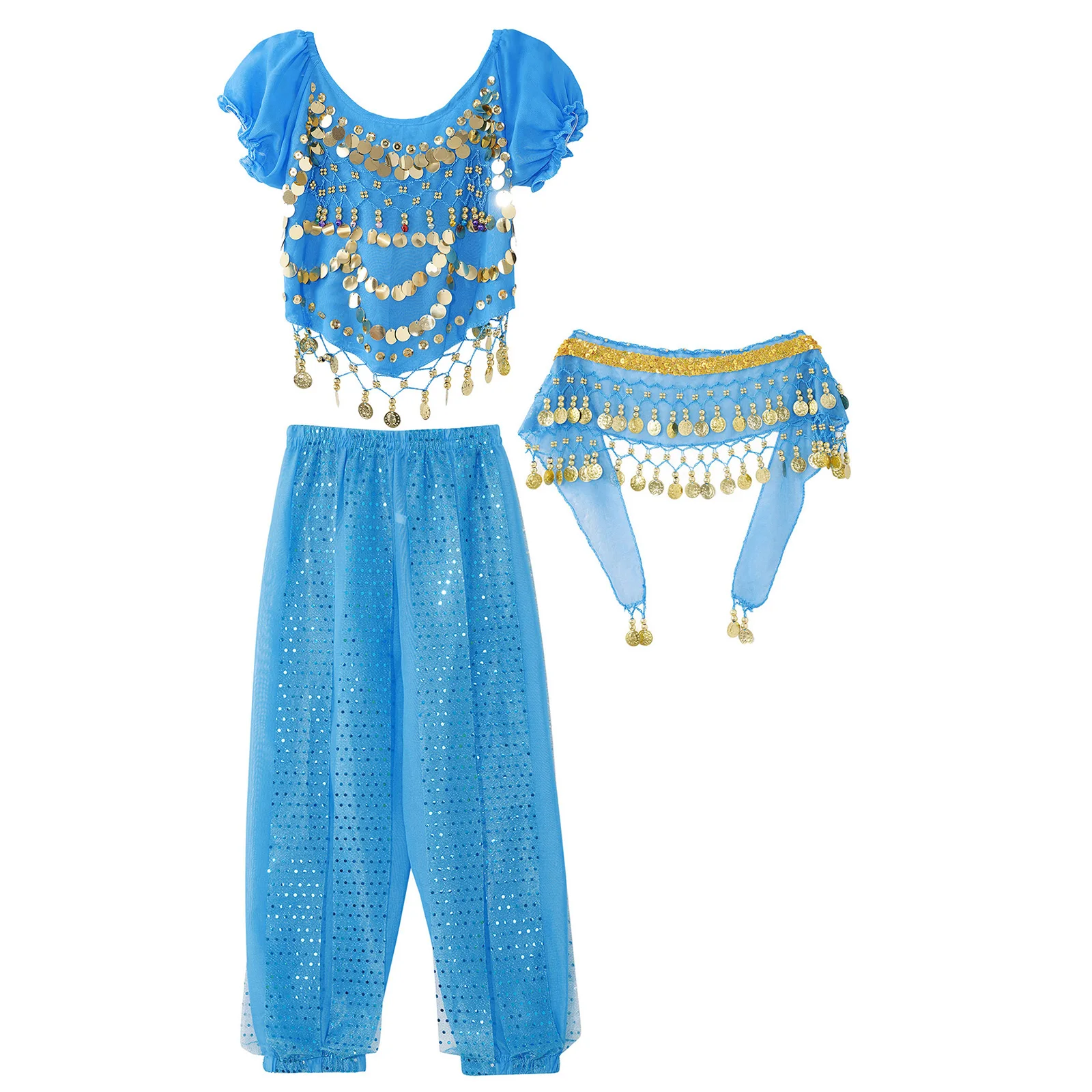 Kids Girls Chiffon Belly Dance Costume Performance Suit Tassels Top Bloomers Pants Princess Party Dress Up Bellydance Sets