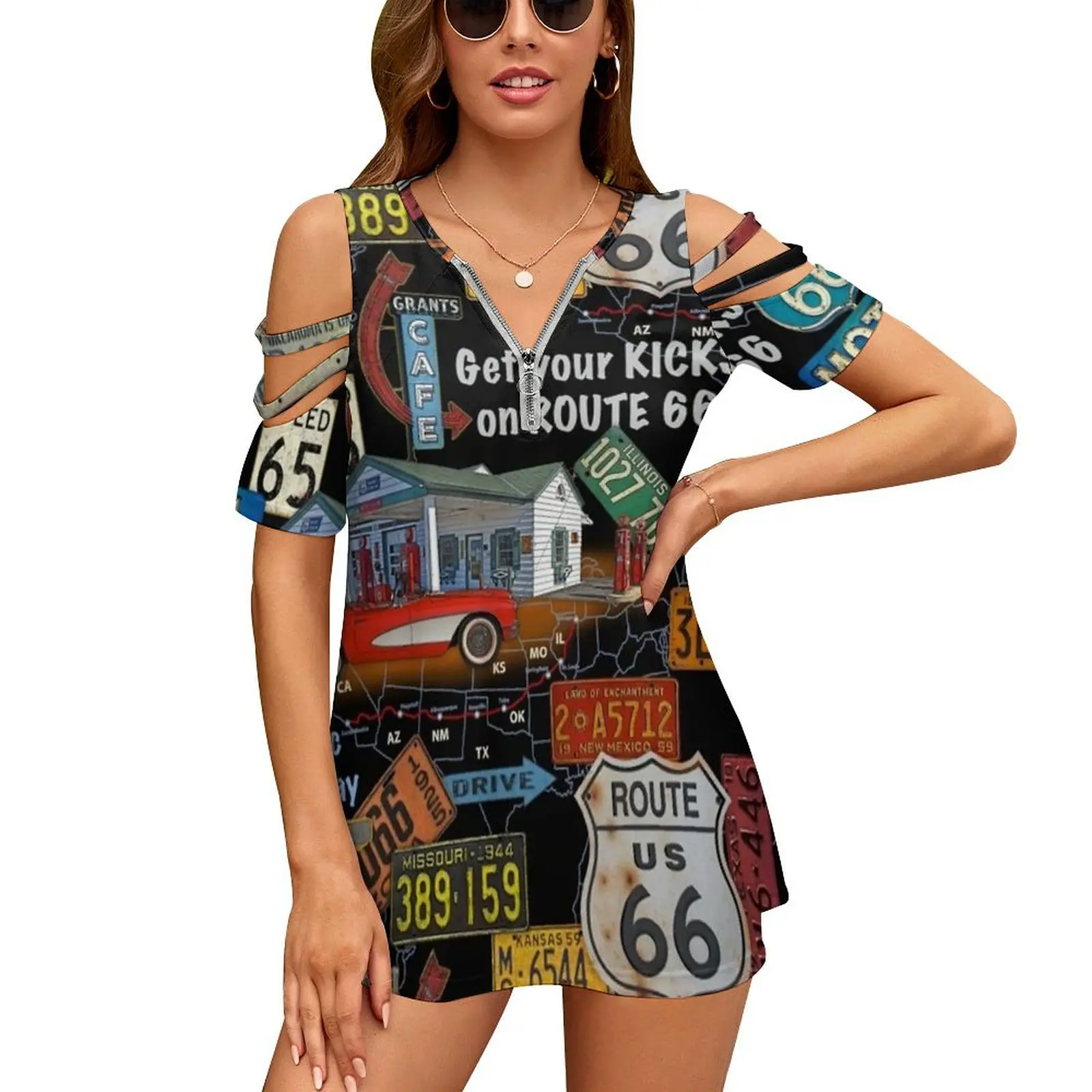 Route 66-Jp3934 New Fashion Zip Off Shoulder Top Short-Sleeve Women Shirt Route 66 Jean Plout Car Automobile Road Sign Gas