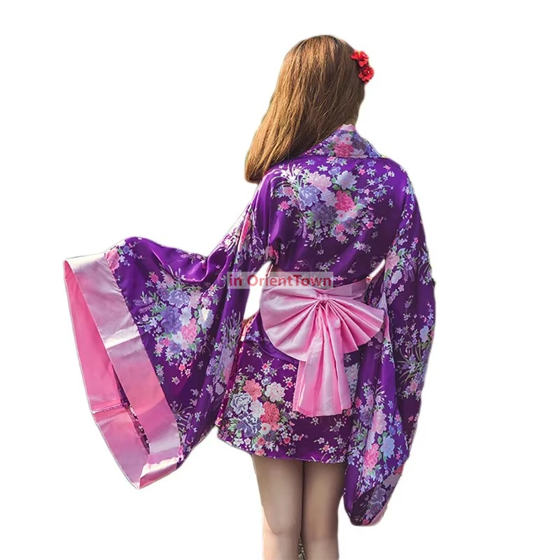 Japanese Traditional Yukata Women Asian Clothing Silk Blend Kimono Print Flower Vintage Cosplay Costume stage performance wear