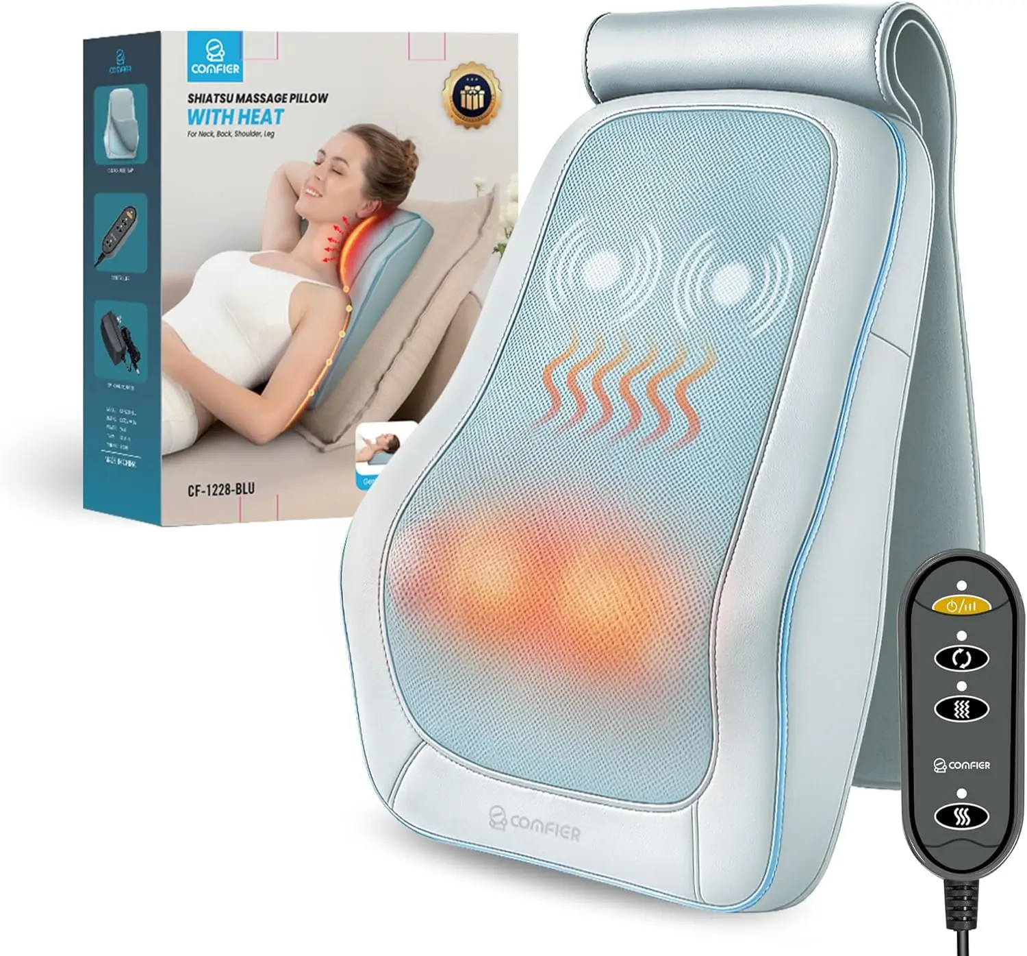 

3D Kneading Back Massager with Heat & Vibration, Pain Relief for Home Office Use, Gift Idea in Blue